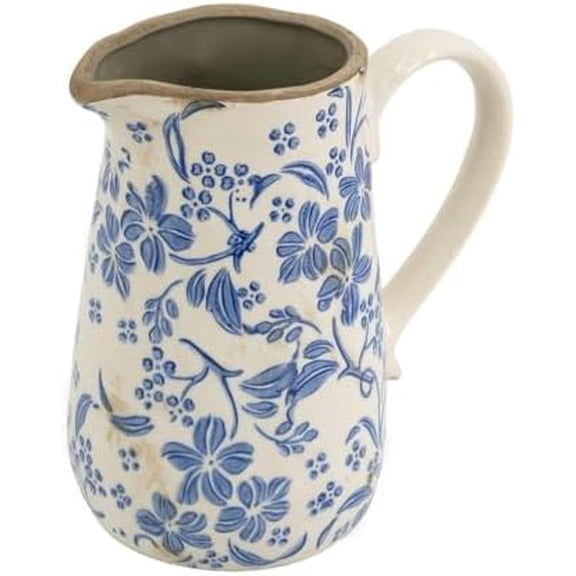 Tall Charming Blue & White Floral Ceramic Vase Handcrafted Rustic Flower Pitcher for Home Decor, Farmhouse Centerpiece, or Garden Display - 6.5" L x 4.5" W x 7" H$$Home Decor, Kitchen, & Other