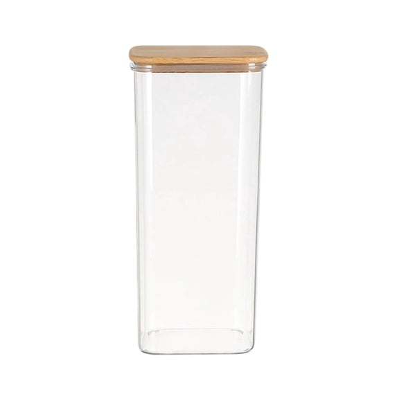 Tall Clear Airtight Food Storage Jar with Wood Lid - 1-Pack Spaghetti Pasta Container for Kitchen Pantry, Stackable Plastic Grain & Cereal Organizer