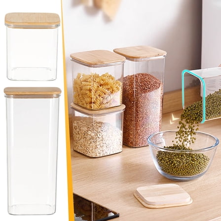 Tall Clear Airtight Pasta Storage Jar with Lid | Kitchen Pantry Food Container | Sealed Plastic Canister with Wood Cover | Space-Saving Organizer | Single Piece