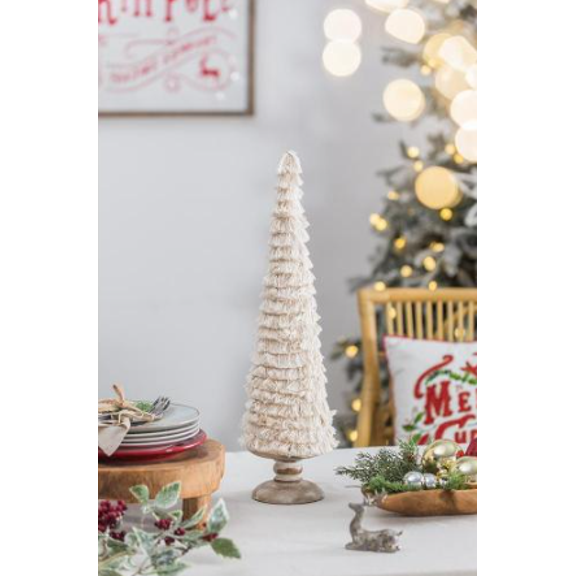 Tiered Fringe Cone Tabletop Sculpture, Symmetrical Tapered Accent Decor with Stable Solid Base for Farmhouse & Neutral Indoor Table Mantel Styling