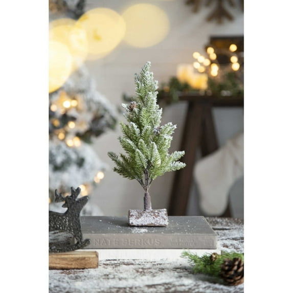 Homeluxe 13.5" Snow Flocked PVC Christmas Tree Set – 2pcs Wooden Base Decor for Holiday Home