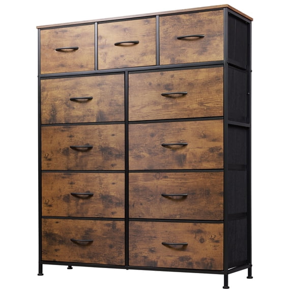 Tall Console Table with 11 Fabric Drawers, Entryway Table with Storage, Tall Storage Organizer with Wood Top, Steel Frame for Living Room, Hallway, Office, Rustic Brown