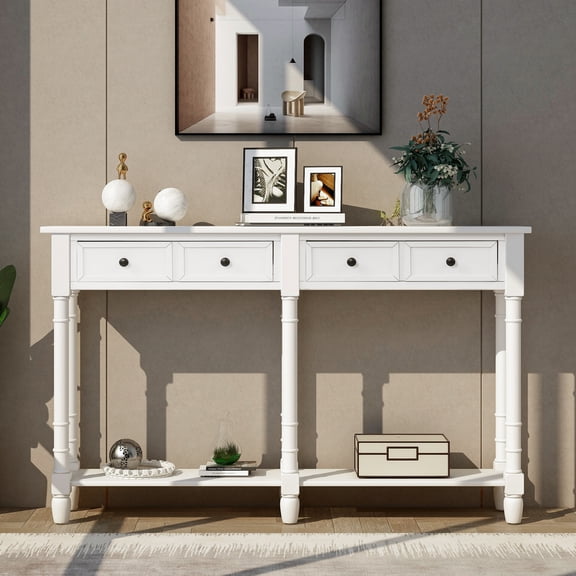 Tall Console Table with 2 Big Drawers, 58'' x 11'' x 34'' Wood Buffet Sideboard Desk w/Bottom Shelf, Victorian-era Retro Console Entryway Table Accent Table for Entryway, 130lbs, White, S8963