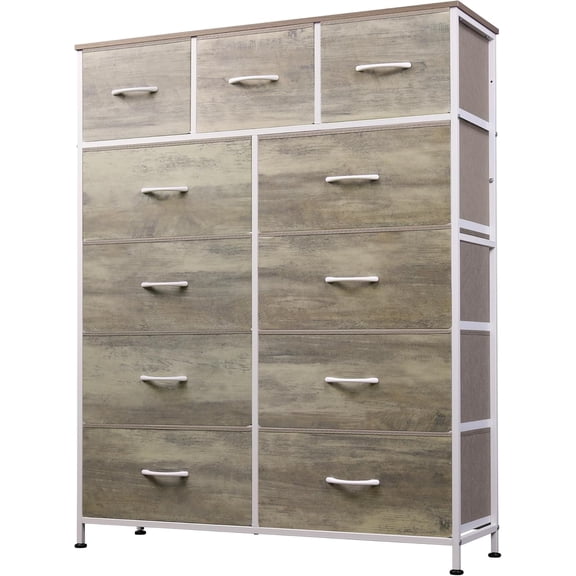 Tall Console Table with 11 Fabric Drawers, Entryway Storage Organizer with Wood Top, Steel Frame, Greige