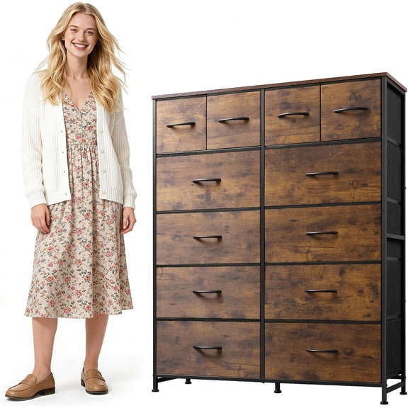 Tall Console Table with 11 Fabric Drawers, Rustic Brown