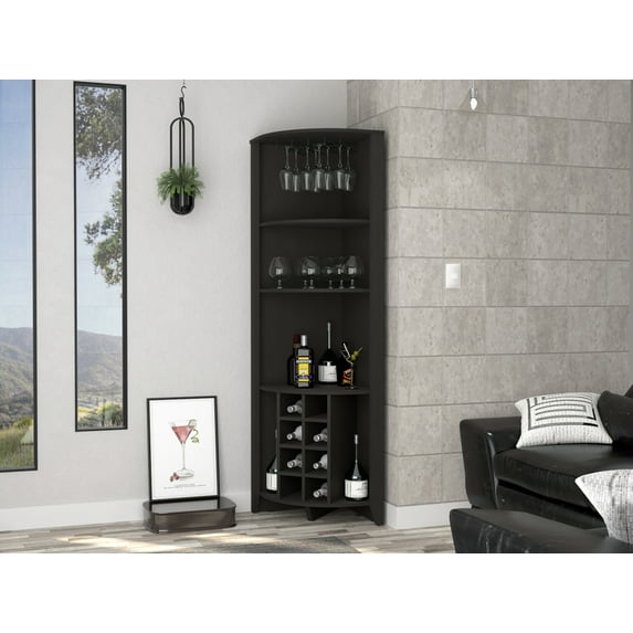 Tall Corner Bar Cabinet, Wooden Corner Coffee Wine Bar Unit with Built-in Wine Rack Cabinet Station with 8-Bottle & 5-Shelf, Wood Kitchen Pantry Storage Cabinet (Black)