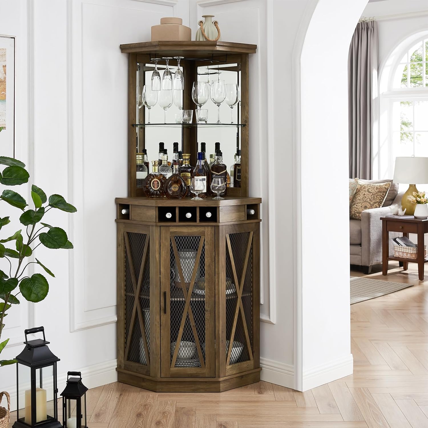 Tall Corner Bar Unit Reclaimed Barnwood Wine with Storage