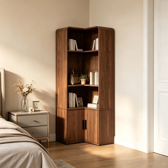 Tall Corner Bookcase, 4 Tier L-Shaped Large Display Bookshelf with Curved Edges for Living Room Home Office Study, Walnut