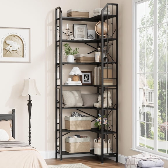 Tall Corner Bookcase, 86 Inch Industrial 7-Tier L-Shape Shelf with Beaded Design for Multiple Rooms