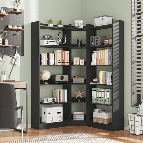 Tall Corner Bookshelf, 6 Tier L-Shaped Bookcase, Wood Large Book Case Display Shelf for Living Room, Home Office, Study, Black