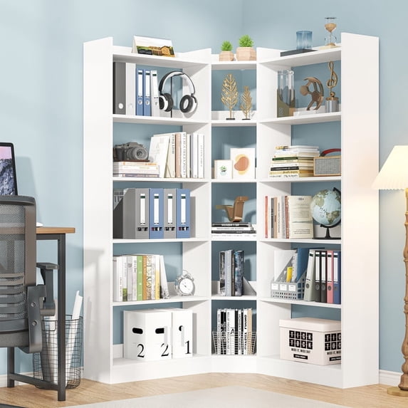 Tall Corner Bookshelf, 6 Tier L-Shaped Bookcase, Wood Large Book Case Display Shelf for Living Room, Home Office, Study, White