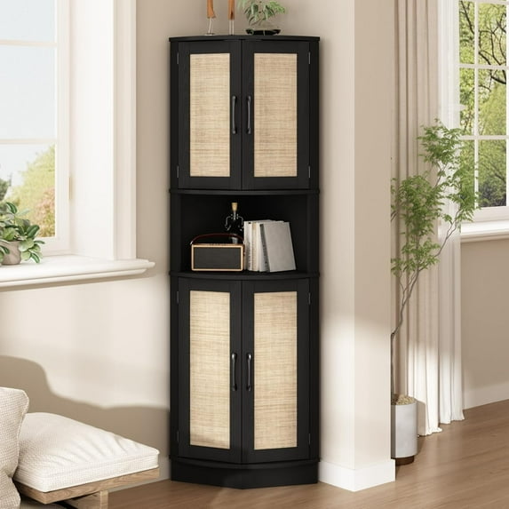 Tall Corner Cabinet, 64.7" Rattan Corner Storage Cabinet with 4 Doors and 5 Storage Shelves, Farmhouse Space Saver, Boho Shelf for Living Room, Kitchen, Bathroom, Office, Rustic Black