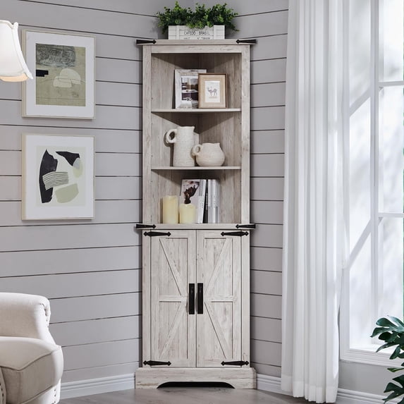Tall Corner Cabinet, Farmhouse Storage Cabinet with Barn Door Design & Adjustable Shelves, Home Space Saver for Bathroom, Living Room, Rustic Oak with Antique Brush White