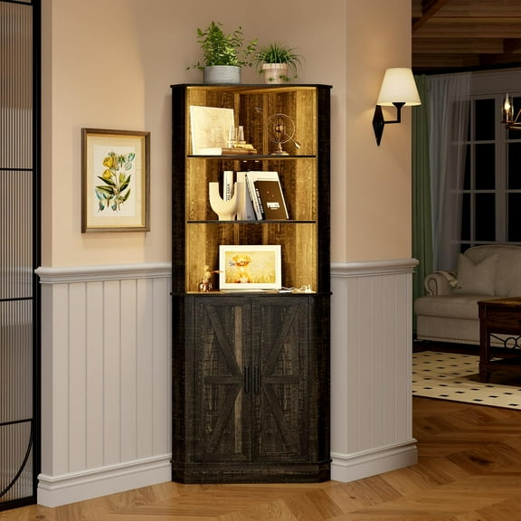Tall Corner Cabinet with LED Light, Farmhouse Bathroom Cabinet with 2 Doors and 3 Tier Shelves, Free Standing Corner Storage Cabinet for Laundry Room, Living Room or Kitchen, Rustic Brown