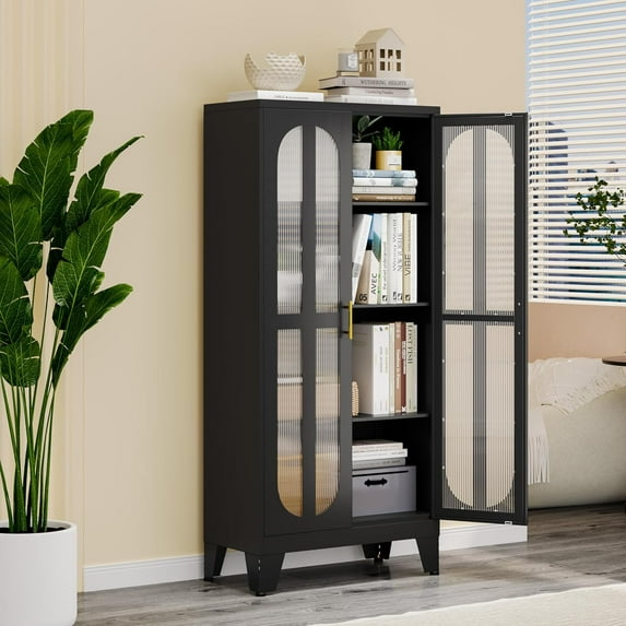 64" Tall Corner Cabinet, Metal Storage Cabinet with 4 Doors and 1 Open Display Storage Shelves, Farmhouse Corner Cupboard for Bathroom Living Room Bedroom Kitchen or Hallways (Black)