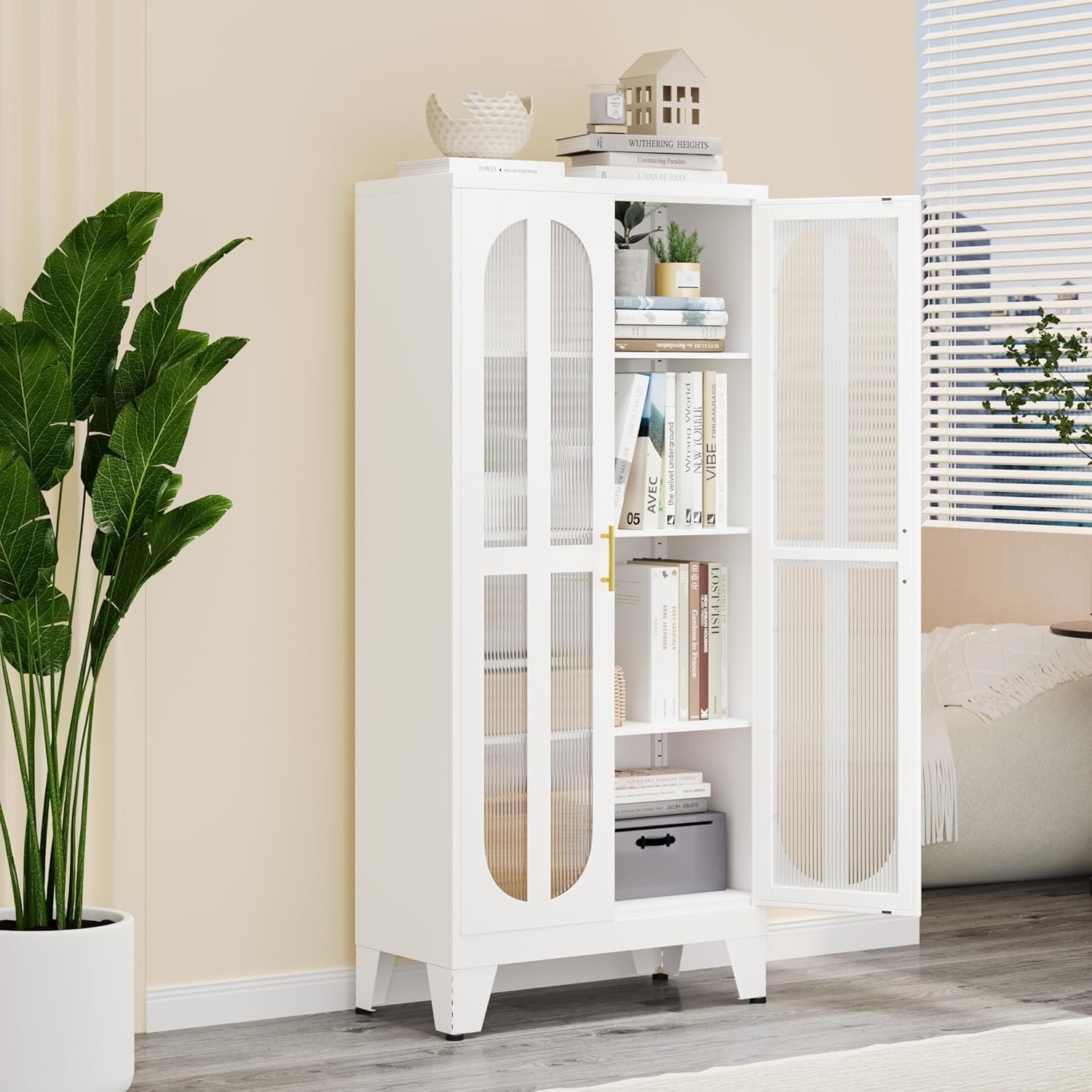 Tall Corner Cabinet, Metal Storage Cabinet with Doors and Open Display ...