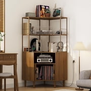 Tall Corner Record Player Stand with Charging Station, 2-Tier Open Shelves