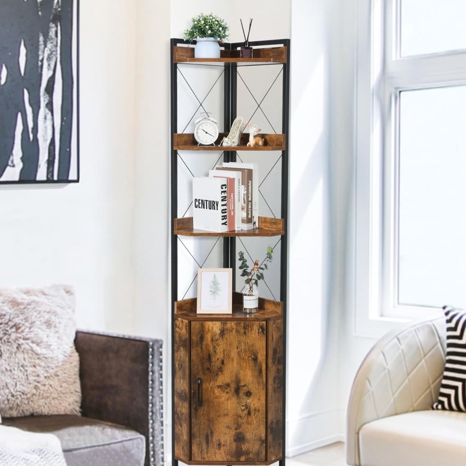 Tall Corner Shelf,Rustic Cabinet,Industrial Bookcase,Freestanding ...