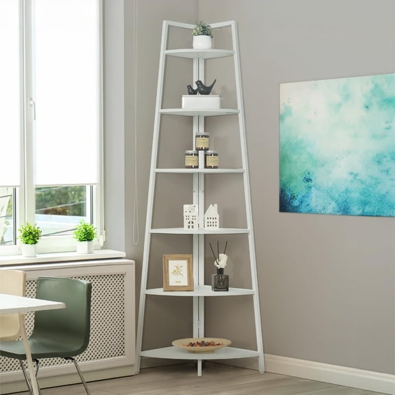 Tall Corner Shelf Stand, 6-Tier Display Shelves, Ladder Corner Wood Storage Plant Bookshelf with Metal Frame, Versatile Shelving Unit Bookcase for Home Office Space, White