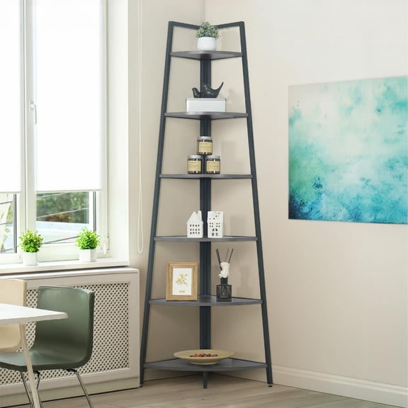 Tall Corner Shelf Stand, 6-Tier Display Shelves, Ladder Corner Wood Storage Plant Bookshelf with Metal Frame, Versatile Shelving Unit Bookcase for Home Office Space, Dark Grey