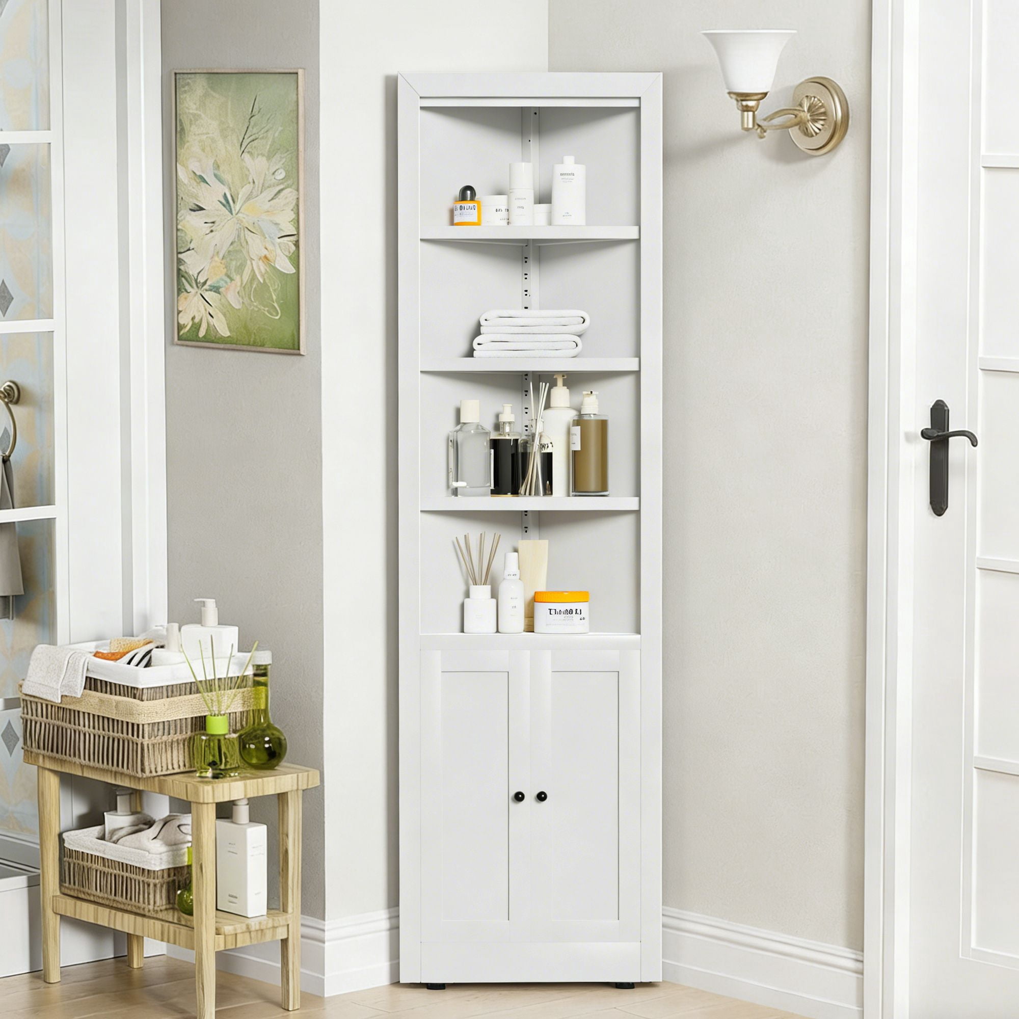 Tall Corner Storage Cabinet with 2 Doors, 5-Tier Steel Cabinet with Adjustable Shelves, 70.8 in Freestanding Space Saving Storage for Kitchen Pantry, Bathroom, Laundry Room