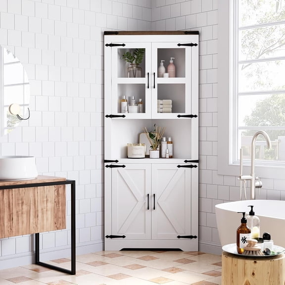 Tall Corner Storage Cabinet - Freestanding Organizer with Doors and Adjustable Shelves for Bathroom, Kitchen, and Living Room