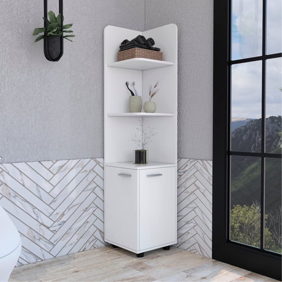 Tall Corner Storage Unit | Keep Bathroom Items Organized | Particle Board Crafted | Blend Well in Bathroom Decor