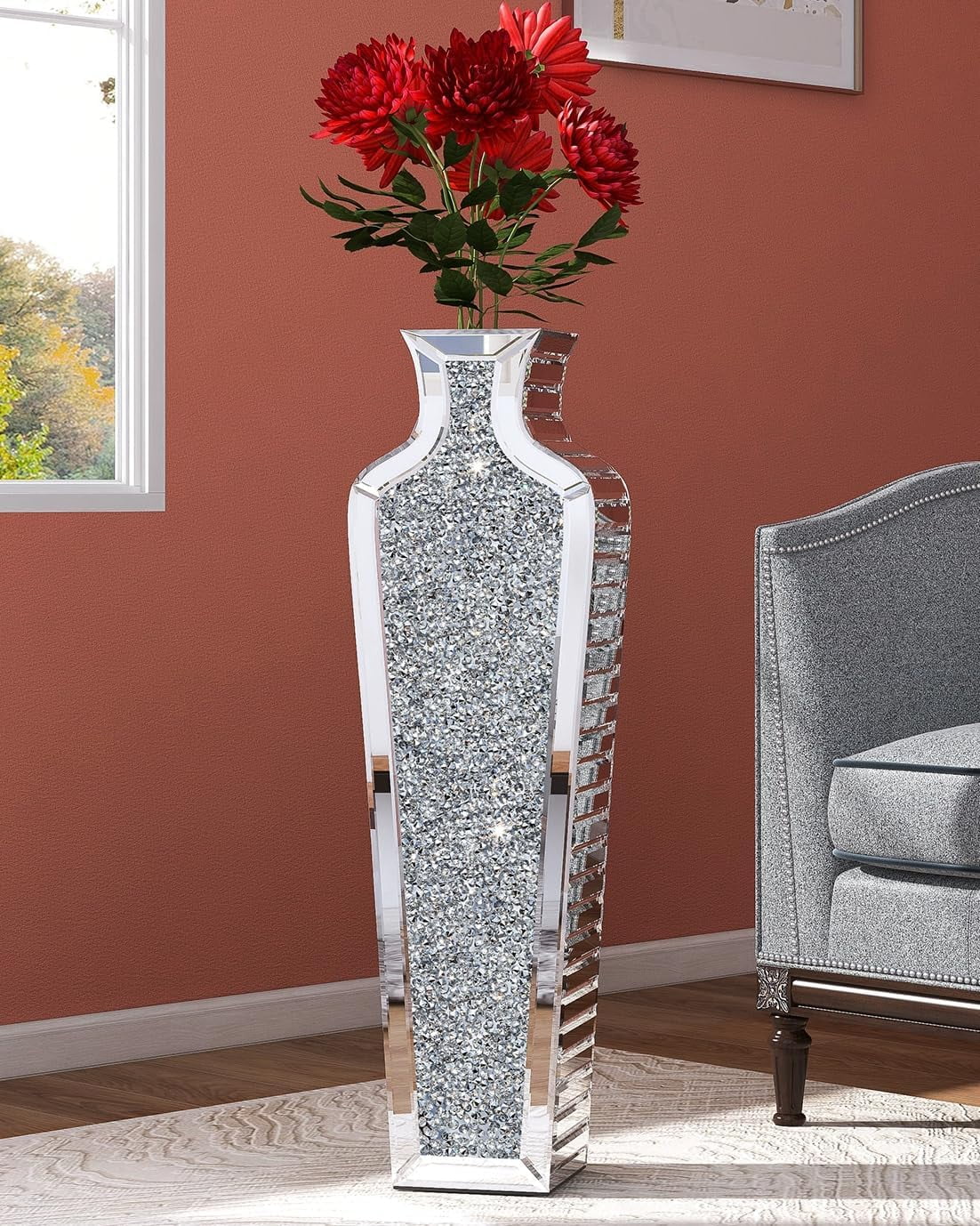 Tall Silver Crystal Mirrored Floor Vase with Crushed Diamond