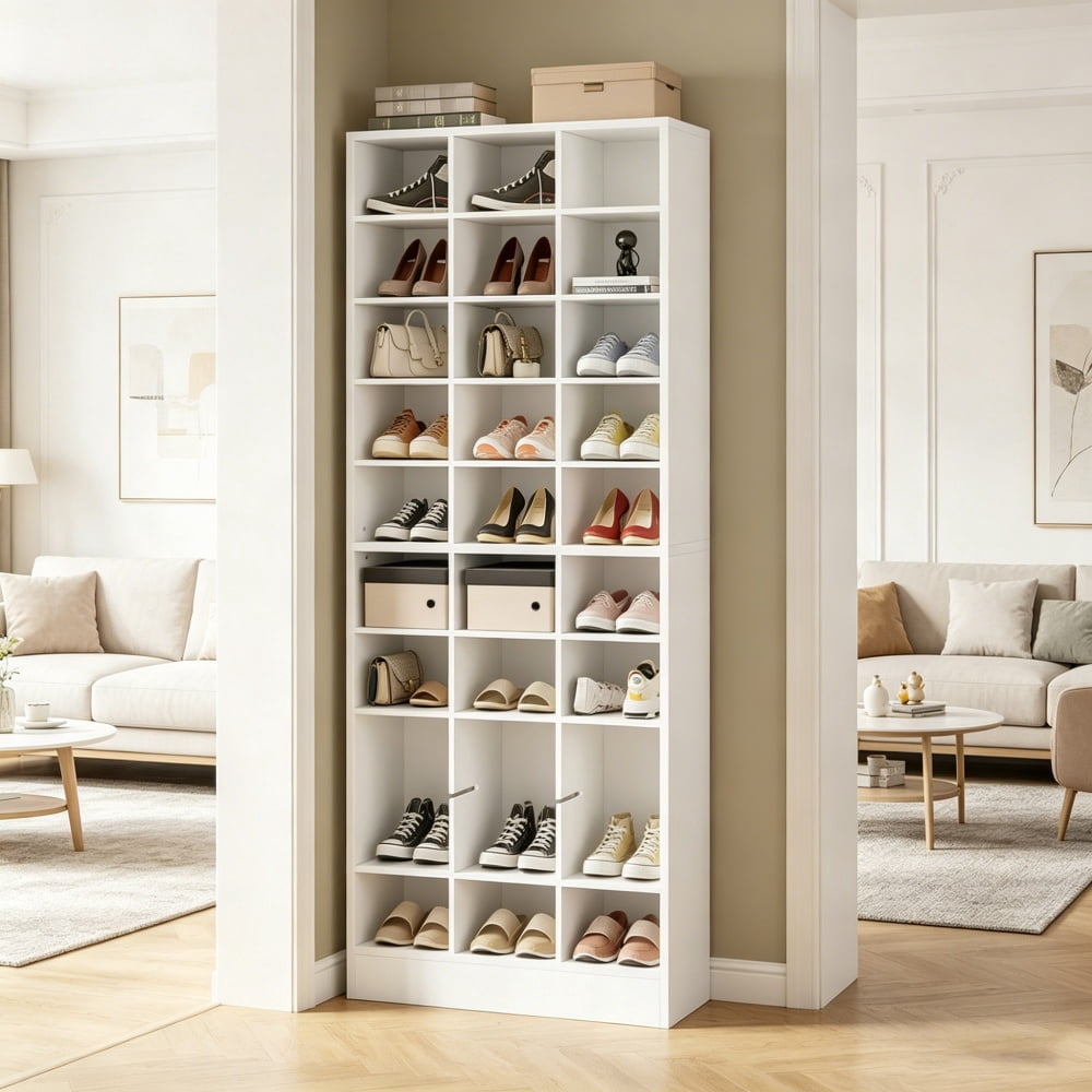 Tall Cubby Shoe Storage Cabinet, 30 Adjustable Cubbies Holds Up to 30 Pairs, Thick Manufactured Wood Freestanding Shoe Rack Max 330LBS for Entryway Closet