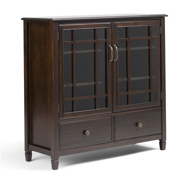 Tall Dark Chestnut Brown Storage Cabinet with Glass Doors and Drawers