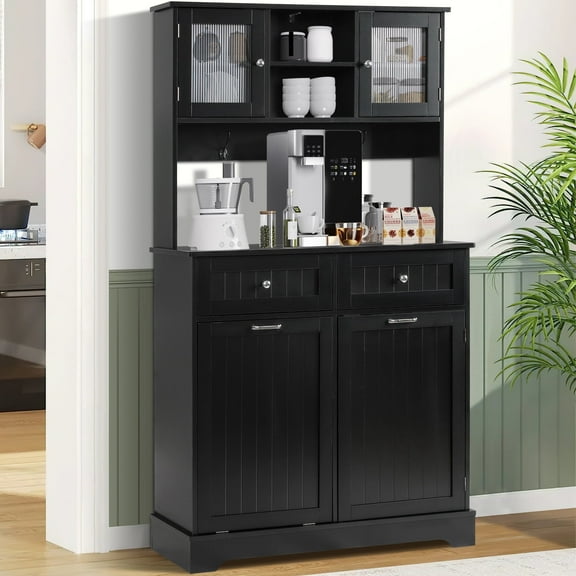 KIGOTY Kitchen Pantry Storage Cabinet, Double Tilt Out Trash Cabinets Freestanding Storage Cabinets, 2 Drawers and 1 Tilt Out Trash Cabinet, Kitchen, Dinning Room, Living Room, Black