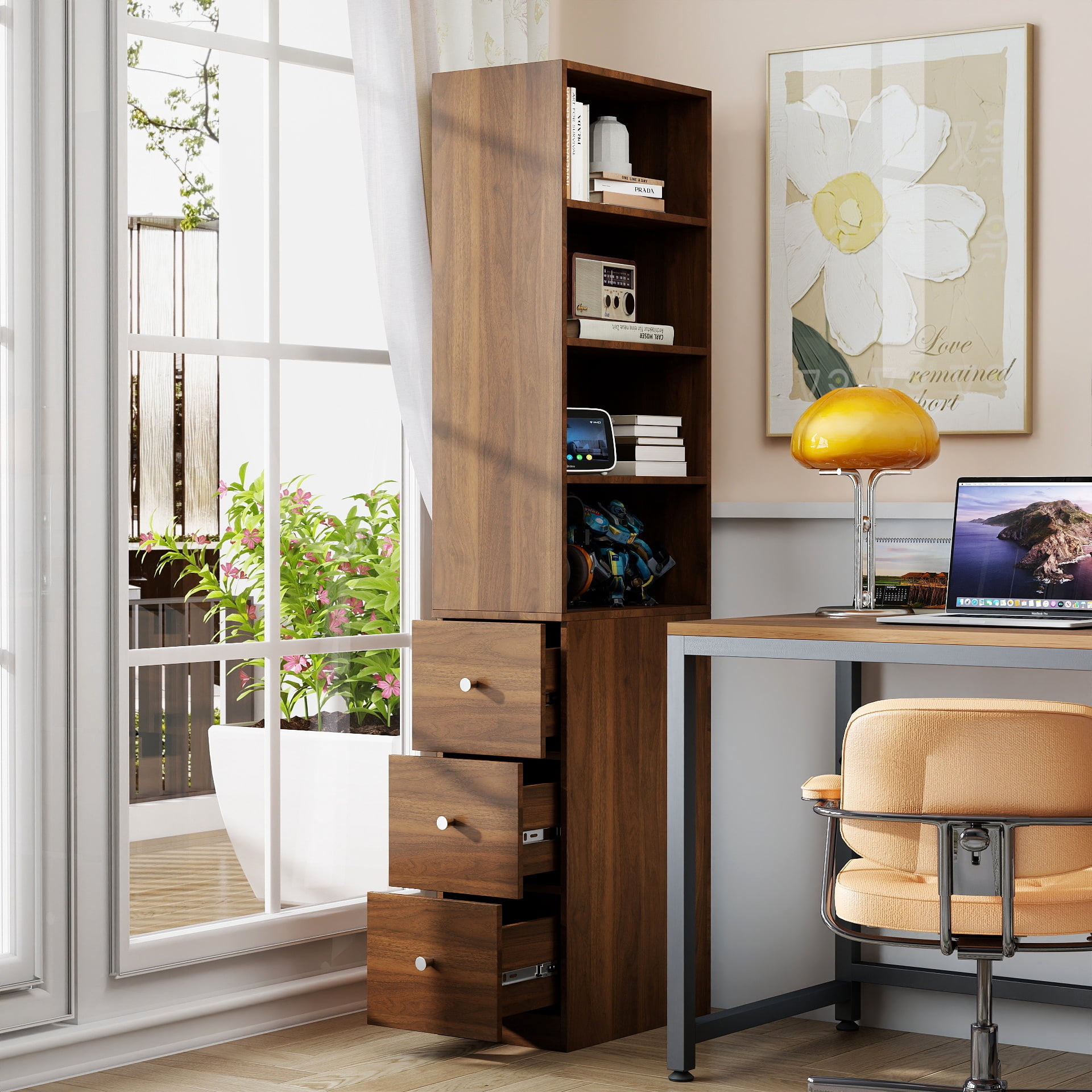 Tall Display Storage Cabinet 4-Tier Shelf 3 Side Drawers Bookcase for Living Room, White