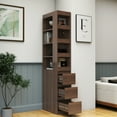 thumbnail image 1 of Tall Display Storage Cabinet Modern Bookcase with 4 Tier Shelves 3 Side Drawers Wooden Particle Board MDF Walnut Finish for Living Room Home Office Kitchen Pantry, 1 of 9