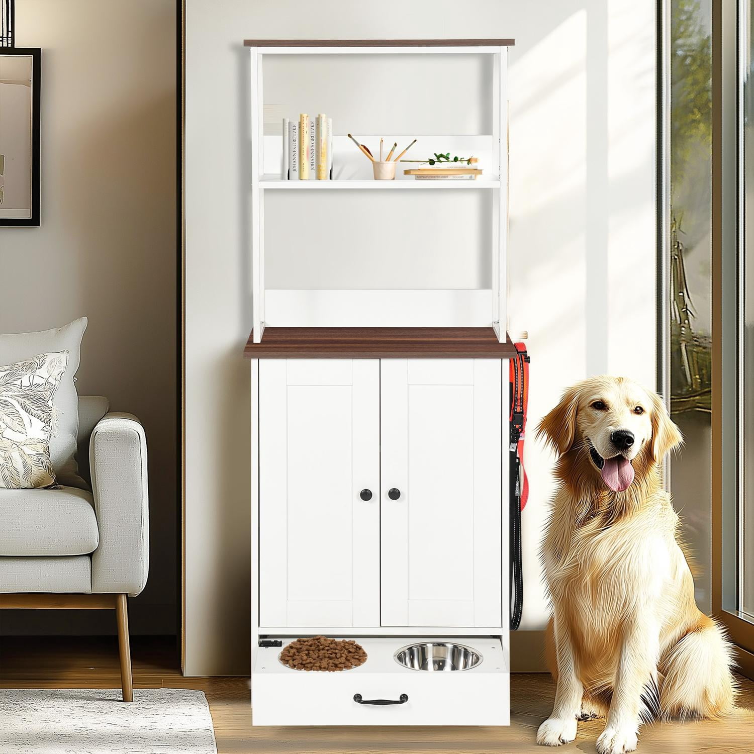 Tall Dog Feeding Station with 2-Level Storage Shelves and 2 Dog Bowls, Pet Feeder Cabinet with Pull-Out Drawer and Side Hooks, Dog Food Organizer for Cats and Dogs, White