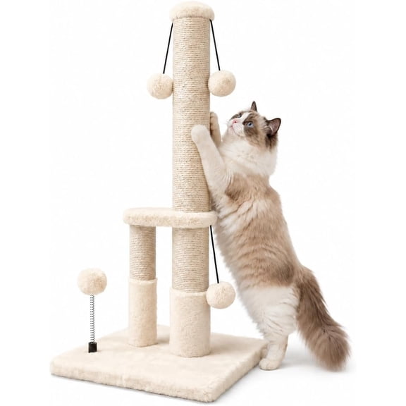 Tall   , Double Lower Posts Extra    Tree Scratcher with Sisal Rope and Teasing 4 Balls  Large Base (Beige)