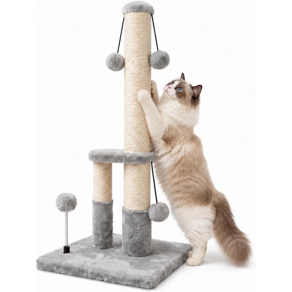 Tall   , Double Lower Posts Extra    Tree Scratcher with Sisal Rope and Teasing 4 Balls  Large Base (Grey)