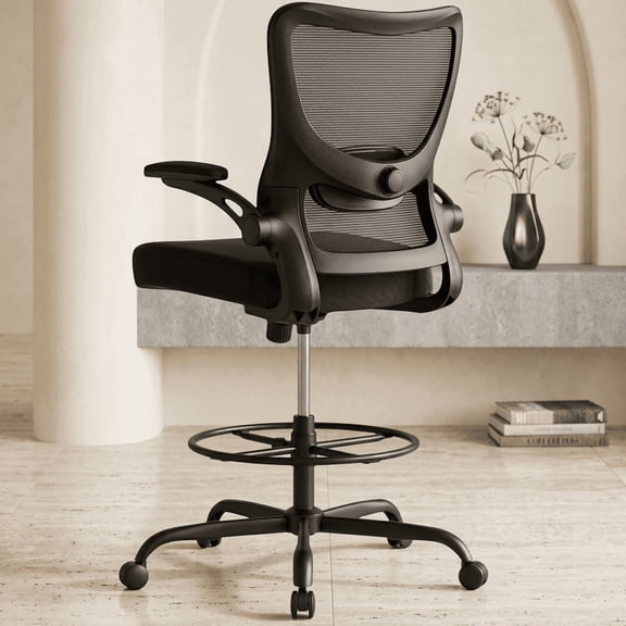 Tall Drafting Chair with 2D Lumbar Support, Adjustable Footrest Ring, Flip-Up Padded Armrests, Breathable Mesh High Office Chair for Standing Desk, Ebony