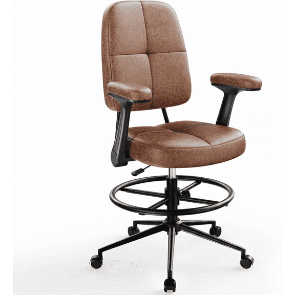 Kyspho Tall Drafting Chair with Footrest Ring, Flip-Up Armrests, Height Adjustable Ergonomic Office Chair with Thick Cushion and 360° Swivel, Brown Leather Seat