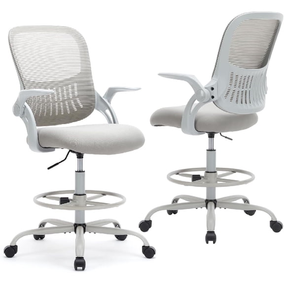 Tall Drafting Desk Chair - Ergonomic High Stool Computer with Adjustable Height and Comfy Lumbar Support, Office Rolling Counter with Flip-up Arm and Footrest