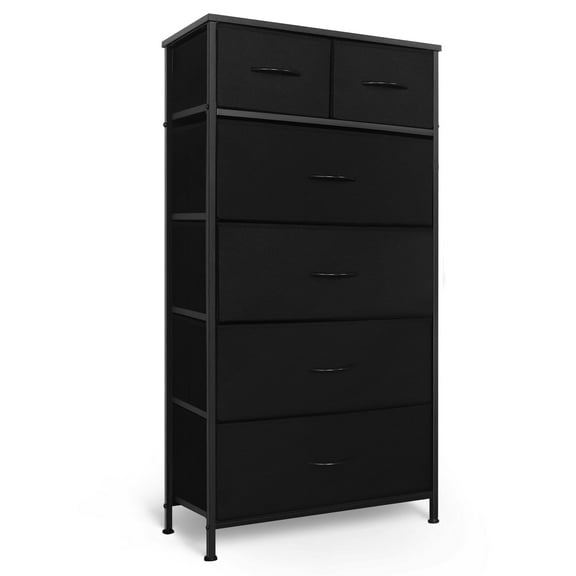 Tall Dresser with 6 Drawers for Bedroom, 4 2 Vertical Storage Organizer Tower, Chest of Drawers with Fabric Bins, Steel Frame, Handle, Wood Top for Home Living Room, Closet, Entryway - Black