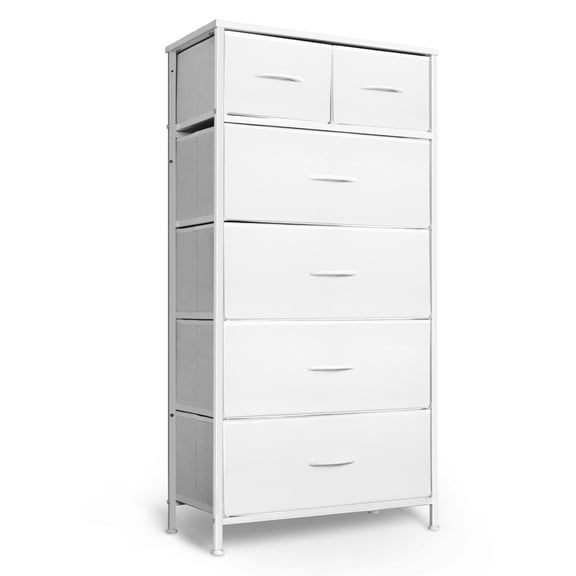 Tall Dresser with 6 Drawers for Bedroom, 4+2 Vertical Storage Organizer Tower, Chest of Drawers with Fabric Bins, Steel Frame, Handle, Wood Top for Home Living Room, Closet, Entryway - White