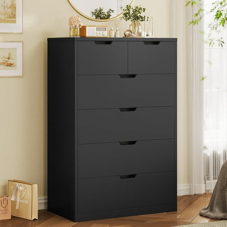 Tall Dresser with 6 Drawers Dresser for Bedroom, Modern Wood Chest of Drawers 6 Drawer Dresser with Large Capacity for Living,Room Closet, Hallway, Entryway,Black
