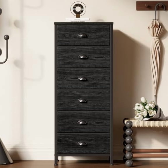 Tall Dresser with 6 Drawers,Vertical Bedside End Table & Chest for Bedroom,Black Storage Tower Dorm Nightstand with Fabric Drawer Organizer Unit Furniture in Living Room,Closet,Hallyway