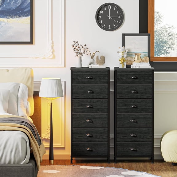 Tall Dresser with 6 Drawers,Vertical Bedside End Table & Chest for Bedroom,Black Storage Tower Dorm Nightstand with Fabric Drawer Organizer Unit Furniture in Living Room,Closet,Hallyway