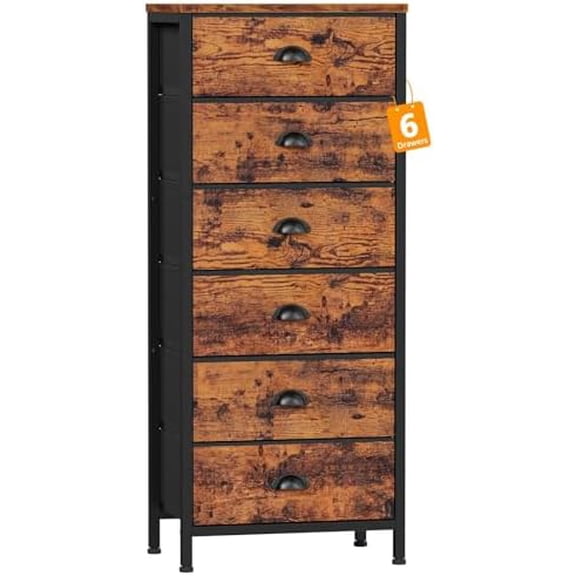 Tall Dresser with 6 Drawers,Vertical End Table and Nightstand for Bedroom,Industrial Dorm Bedside Furniture with Fabric Storage Drawer Organizer in Living Room,Closet,Entryway(Rustic Brown)