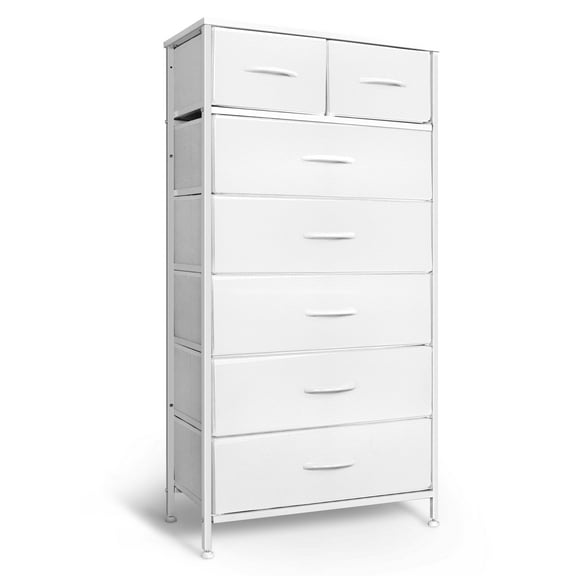 Tall Dresser with 7 Drawers for Bedroom, 5+2 Vertical Storage Organizer Tower, Chest of Drawers with Fabric Bins, Steel Frame, Handle, Wood Top for Home Living Room, Closet, Entryway - White