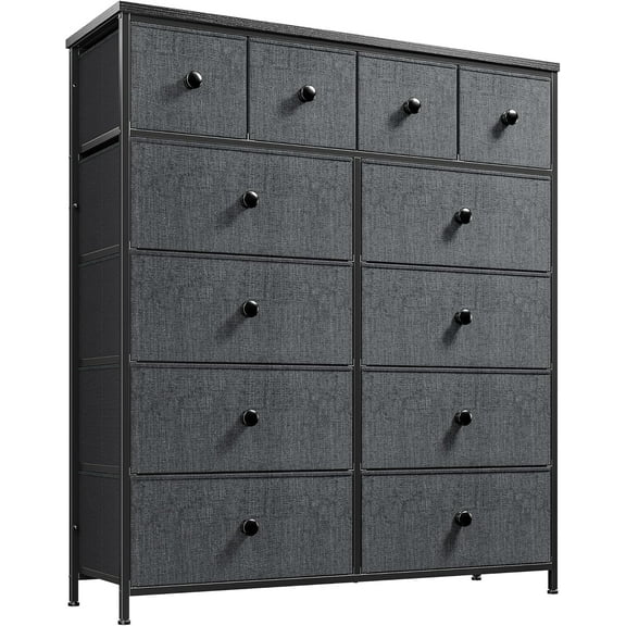 Tall Dresser for Bedroom with 12 Drawers, Fabric Storage Dressers & Chests of Drawers, Sturdy Metal Frame, Wood Top, Closet, Entryway, Bedroom Furniture (Dark Grey)