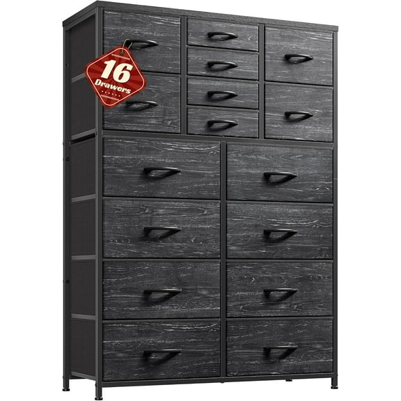 Tall Dresser for Bedroom with 16 Drawers,Fabric Dressers & chests of Drawers for Closet,Large Black Dresser with Sturdy Metal Frame, Wood Top,Entryway, Hallway
