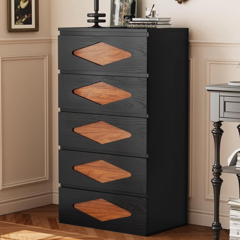 dark brown vintage dresser Tall for Bedroom, 5 Chest of Wooden Drawers, Dresser, Closet Storage Dressers Organizer for Bedroom, Living Room, Hallway dimensional vertical wave grain