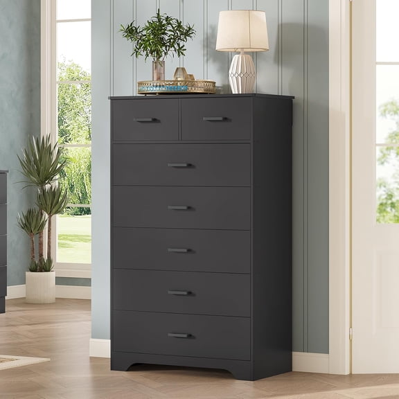 Tall Dresser for Bedroom with 7 Drawers, Modern Black Dresser/Chest of Drawers with Metal Handle, Vertical Bedroom Dresser or Storage Cabinets for Living Room Hallway
